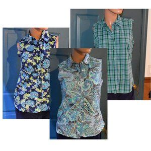 3 sleeveless button down cotton tops, 2 CC Golf tops, 1 Ann Taylor, Size 4, EUC